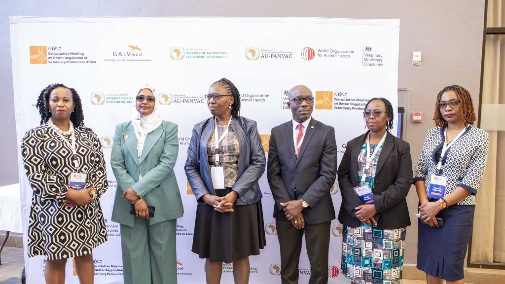 From L-R: Dr Lois Muraguri, GALVmed CEO, Dr Huyam Salih, CEO AU-IBAR, Dr Charles Bodjo, Acting Director of AU-PANVAC, Dr. Emily Muema, Acting CEO Kenya Veterinary Medicines Directorate, Dr Agatha Ugboma (WOAH). 